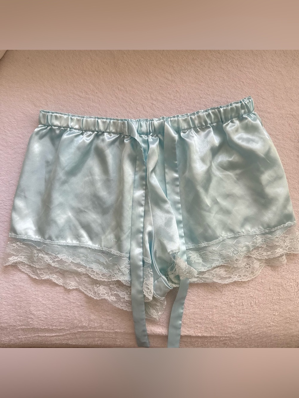 Light Aqua Satin Lace Sleep Shorts with Ribbon Tie